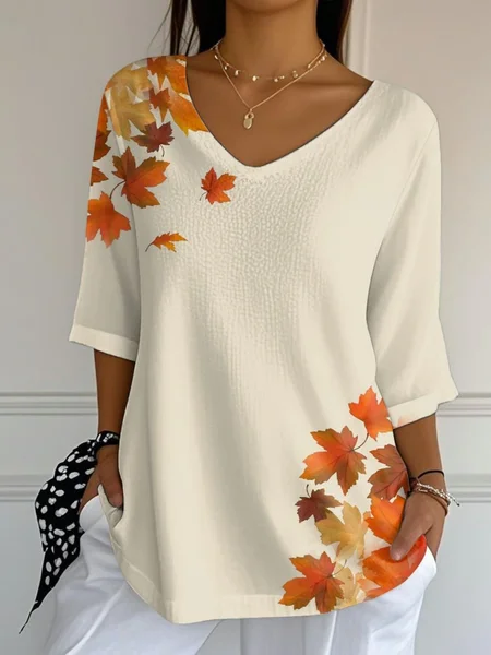 

Women Maple Leaf Three Quarter Sleeve Tee T-shirt Crew Neck Vintage Spring/Fall Top, Apricot, T-Shirts