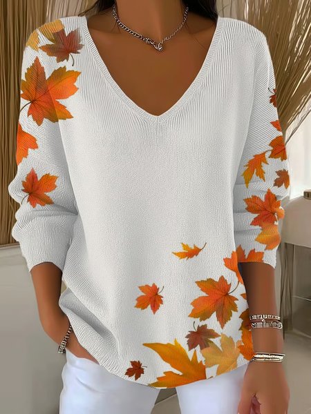

Women Maple Leaf Three Quarter Sleeve Tee T-shirt V Neck Vintage Spring/Fall Top, White, T-Shirts