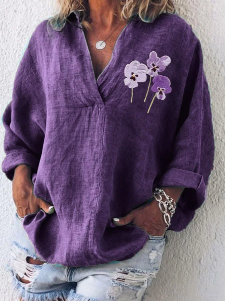 

Women Floral Long Sleeve Shirt Spring/Fall Printing Shawl Collar Daily Casual Top, Purple, Shirts
