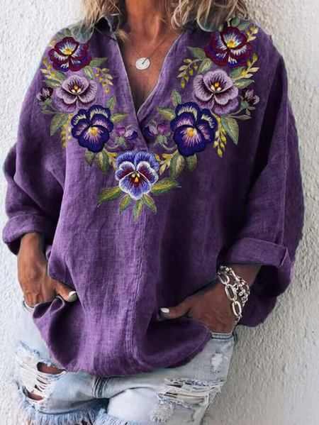 Women Floral Long Sleeve Shirt Spring/Fall Printing Shawl Collar Daily Casual Top