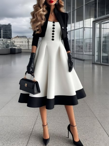 Elegant Color Block Buttoned Square Neck Midi Dress