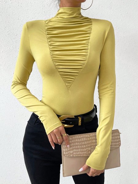 

Casual Plain Ruched Turtleneck T-shirt, Yellow, Tees