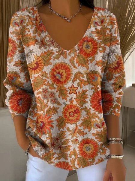

Women's Ethnic Floral Autumn Art Pattern Print Casual V Neck Pullover Blouse, Orange, Blouses