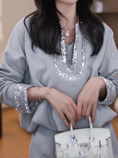 

Urban Plain Glitter Shirt Collar Sweatshirt, Gray, Hoodies and Sweatshirts