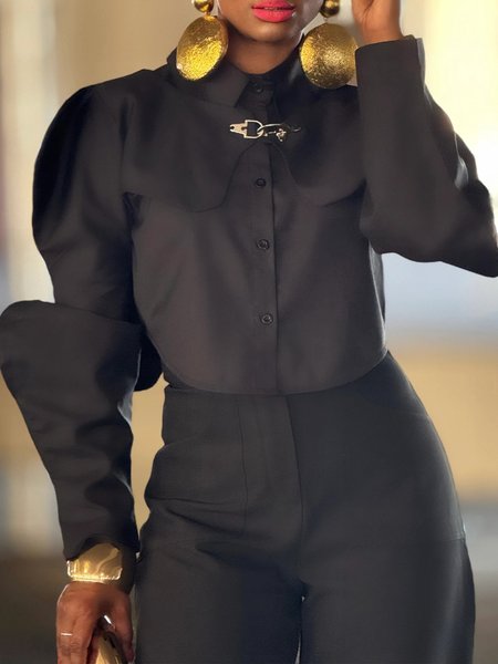 

Cotton Urban Plain Buckle Shirt Collar Shirt, Black, Blouses and Shirts