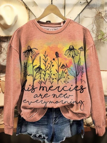 

Women's His Mercies Are New Print Casual Crew Neck Sweatshirt, Orange, Hoodies & Sweatshirts