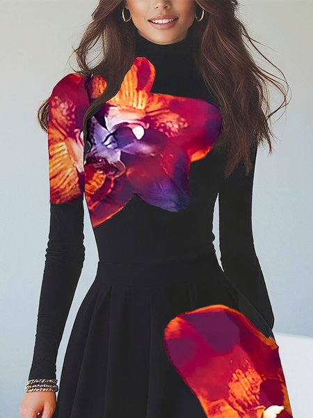 Jersey Elegant Floral Printing Turtleneck T-shirt