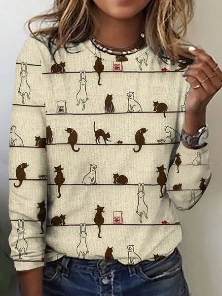 

Vintage Striped Crew Neck Long Sleeve T-shirt, As picture, T-shirts