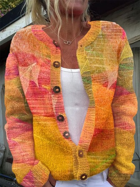 

Women Knitted Geometric Long Sleeve Comfy Vintage Cardigan, Orange, Sweaters