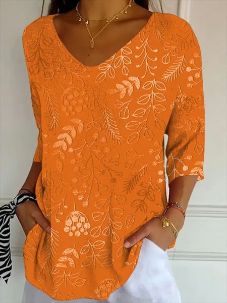 Vintage Plant Painting V Neck 3/4 Length Sleeve T-shirt