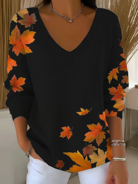 

Women Maple Leaf Three Quarter Sleeve Tee T-shirt V Neck Vintage Spring/Fall Top, Black, T-Shirts