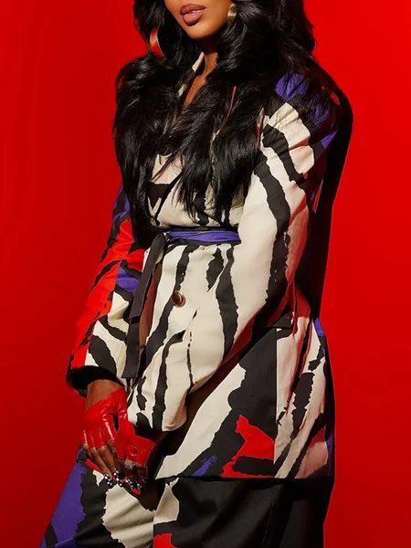 

Urban Printing Abstract Lapel Collar Blazer With Belt, As picture, Blazers