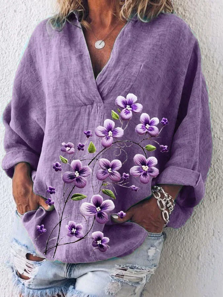 

Women Floral Long Sleeve Shirt Spring/Fall Printing Shawl Collar Daily Casual Top, Light purple, Shirts