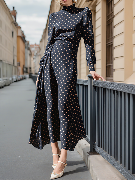 

Polka Dots Elegant Regular Fit Dress With Belt, Black, Midi Dresses