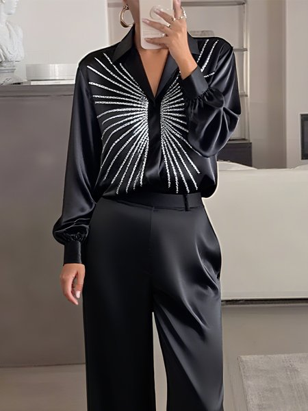 

Satin Urban 3D Printing Printing Shirt Collar Shirt, Black-white, Blouses and Shirts
