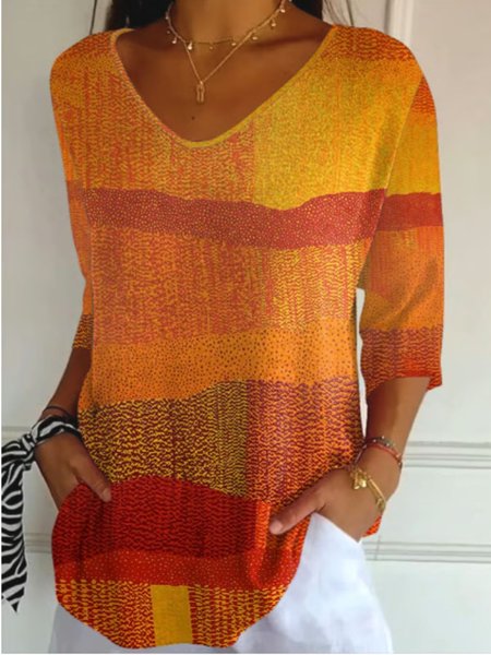 

Vintage Painting V Neck Three Quarter Sleeve T-shirt, Orange, T-shirts