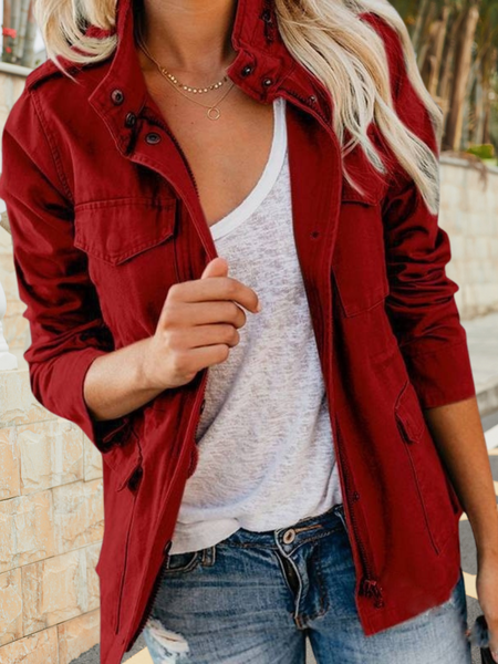 

Women Spring/Fall Outerwear Vintage Split Joint Plain Long Sleeve Stand Collar Jacket, Wine red, Jackets