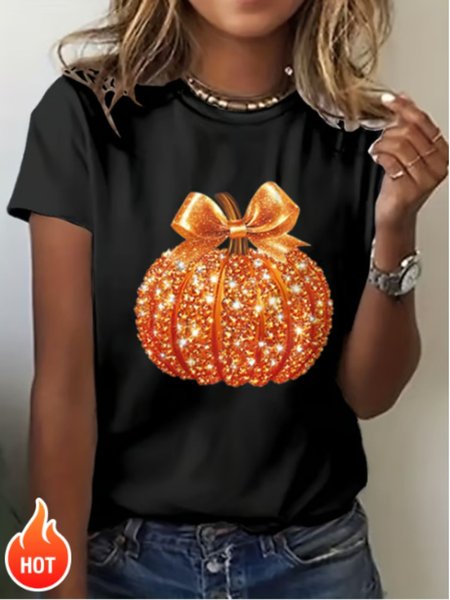 

Vintage Halloween Pumpkin Print Crew Neck Short Sleeve T-shirt, Black, T-shirts