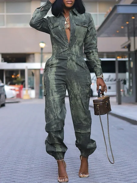 

Casual Printing Abstract Cargo Shirt Jumpsuit, Green, Jumpsuits