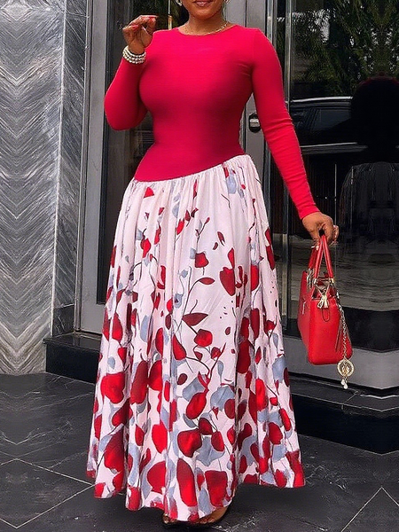 

Elegant Color Block Crew Neck Maxi Dress, Red, Maxi Dresses
