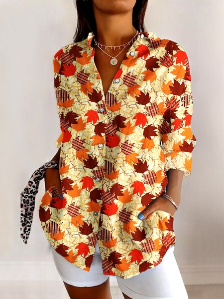 

V Neck Long Sleeve Abstract Graphic Regular Micro-Elasticity Regular Fit Shirt For Women, Yellow, Shirts