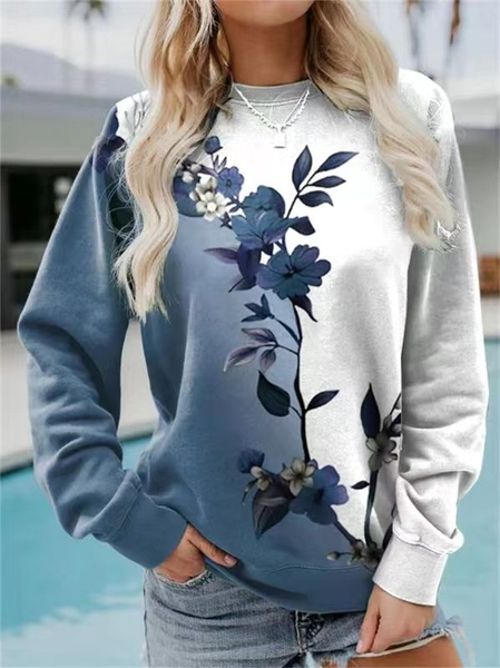 

Women Floral Crew Neck Printing Casual Spring/Fall Long Sleeve Sweatshirt, Blue, Sweatshirts & Hoodies