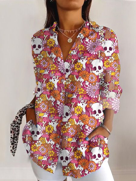 

V Neck Long Sleeve Abstract Graphic Regular Micro-Elasticity Regular Fit Shirt For Women, Pink, Shirts