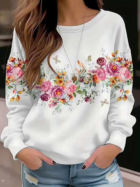 

Women Floral Crew Neck Printing Casual Spring/Fall Long Sleeve Sweatshirt, White, Sweatshirts & Hoodies
