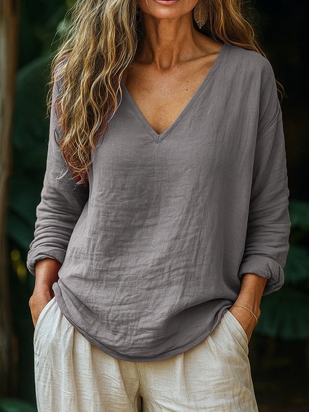 Women Plain V Neck Casual Long Sleeve T-shirt