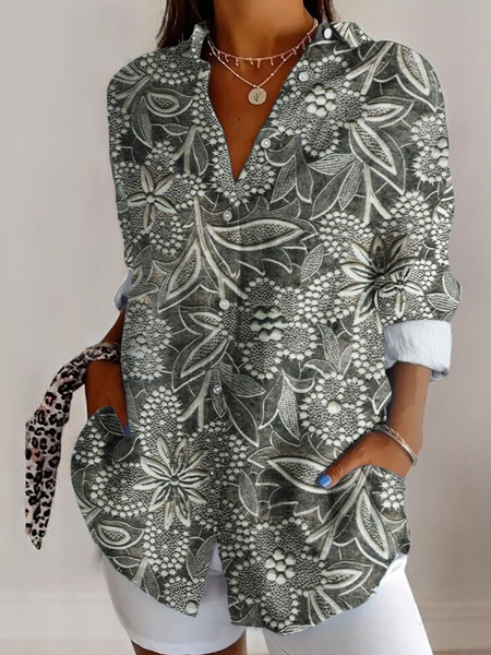 

V Neck Long Sleeve Abstract Graphic Regular Micro-Elasticity Regular Fit Shirt For Women, As picture, Shirts