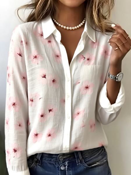 

Women's Artistic Floral Design Daily Long Sleeve Shirt Spring and Autumn, White, Blouses & Shirts