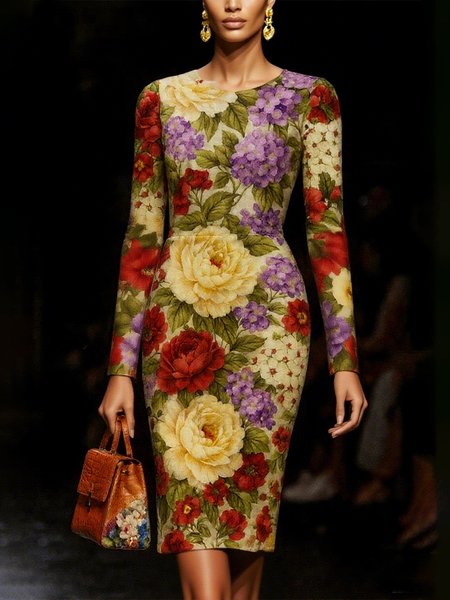 

Elegant Floral Printing Crew Neck Knee Length Dress, As picture, Mini Dresses