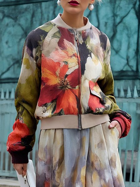 

Urban Printing Floral Stand Collar Jacket, As picture, Jackets