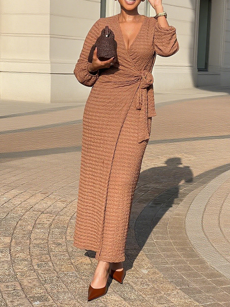 

Elegant Plain V Neck Maxi Dress, Brown, Maxi Dresses