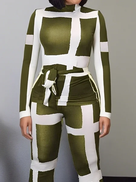 

Casual Geometric Stand Collar T-shirt With Belt, As picture, Tees