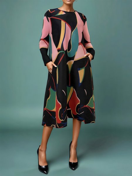 

Casual Random Print Printing Crew Neck Midi Dress, As picture, Midi Dresses