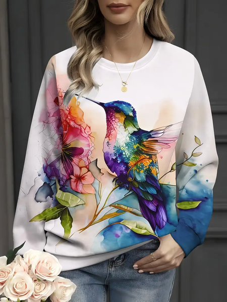

Women Bird Crew Neck Printing Casual Spring/Fall Long Sleeve Sweatshirt, White, Sweatshirts & Hoodies