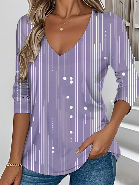 

Vintage Striped V Neck Long Sleeve T-shirt, Gray purple, T-shirts