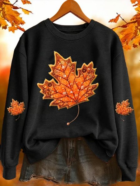 

Women Vintage Maple Leaf Print Crew Neck Comfy Sweatshirt, Black, Hoodies & Sweatshirts