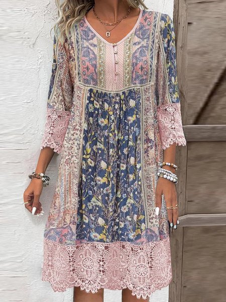 

Women Floral Three Quarter Sleeve Spring/Fall Split Joint Dress V Neck Daily Vintage Maxi T-Shirt Dress A-Line Dress, Pink, Dresses
