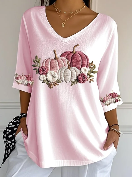 

Women Halloween Pumpkin Floral Three Quarter Sleeve Tee T-shirt V Neck Printing Festival Spring/Fall Graphic Tee Top, Pink, T-Shirts