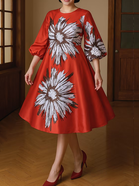 

Elegant Floral Printing Crew Neck Midi Dress, As picture, Midi Dresses