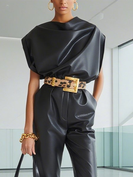 

PU Urban Plain Buttoned Faux Leather Top, Black, Blouses and Shirts