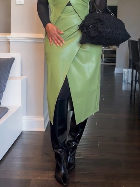 

Urban Cross Plain Midi Faux Leather Skirt, Green, Skirts