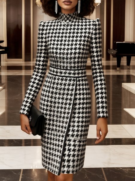 

Elegant Houndstooth Printing Mock Neck Knee Length Dress, Black-white, Mini Dresses
