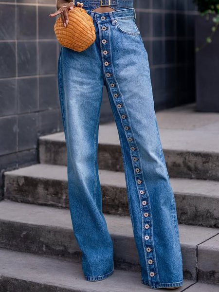 

Buckle Casual Denim Straight Jeans, Blue, Jeans