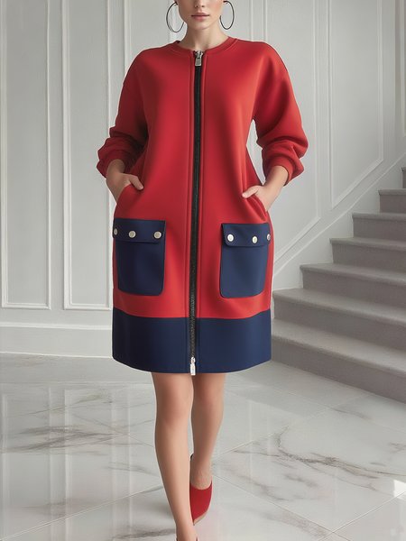 

Casual Color Block Pockets Zipper Crew Neck Dress, Red, Mini Dresses