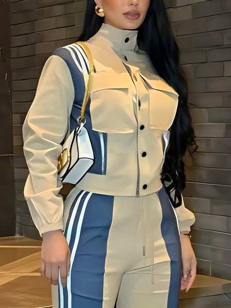 

Casual Buttoned Color Block Mock Neck Jacket, Khaki, Jackets