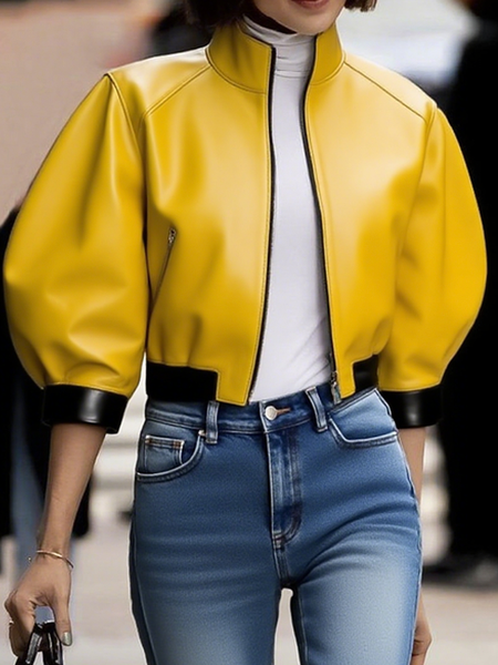 

Casual Color Block Stand Collar Faux Leather Coat, Yellow, Jackets