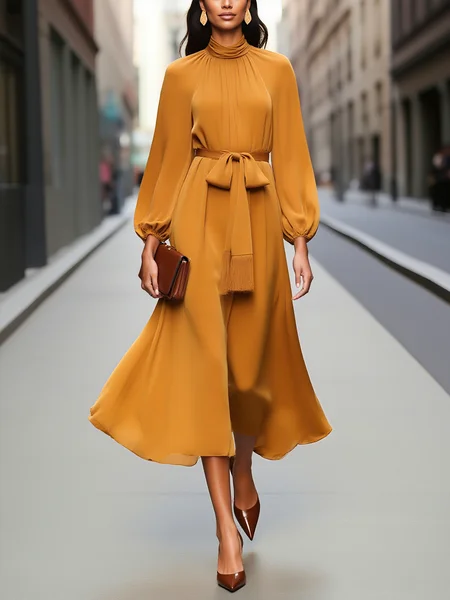 

Elegant Plain Tassel Mock Neck Midi Dress With Belt, Brown, Midi Dresses